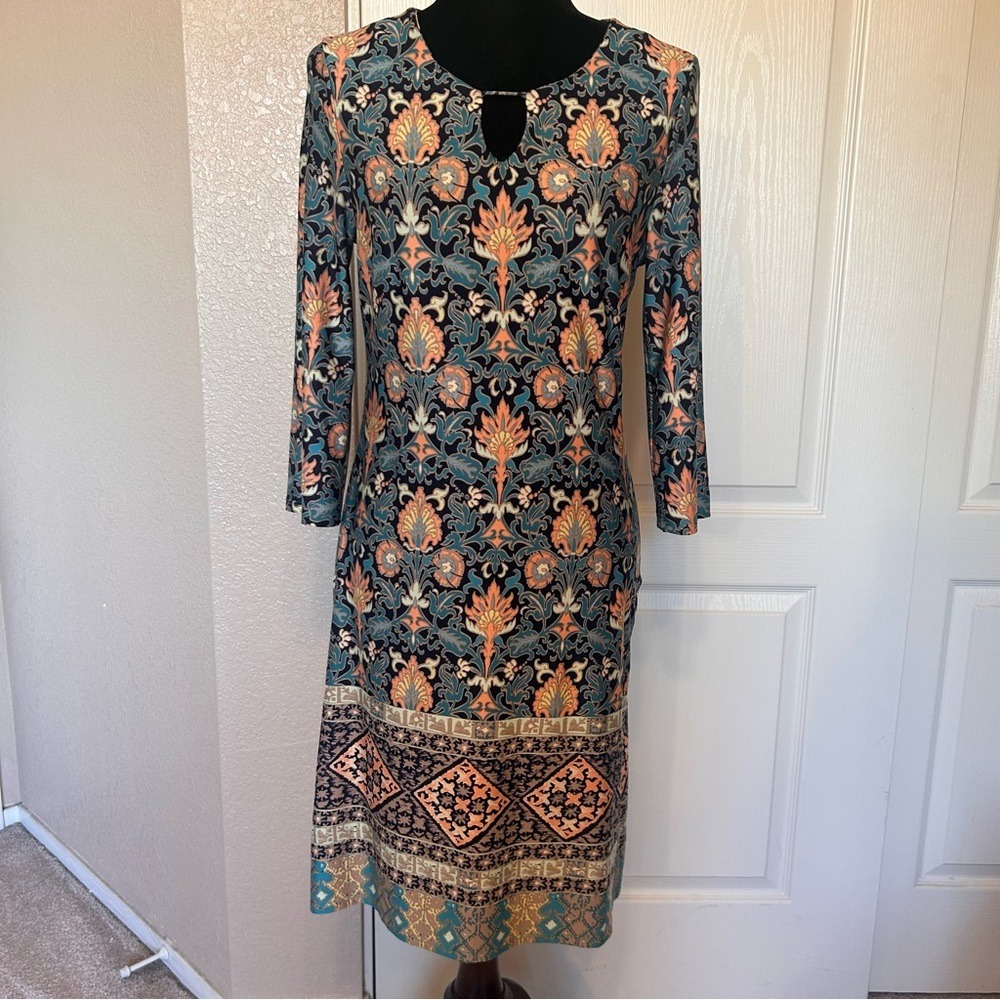 Tacera 3/4 Sleeve Multicolor Geometric‎ Florals Dress Size PS